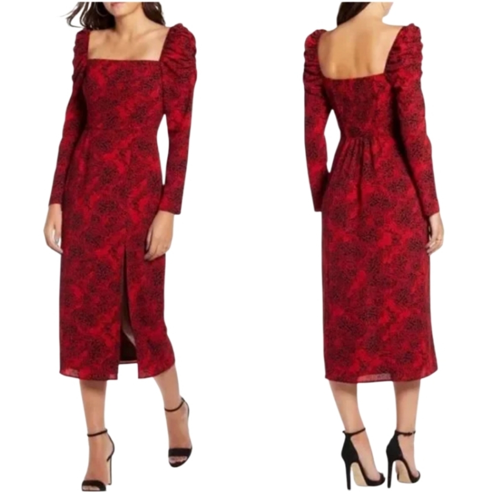 Spatter Print Square Neck Long Sleeve Midi Dress